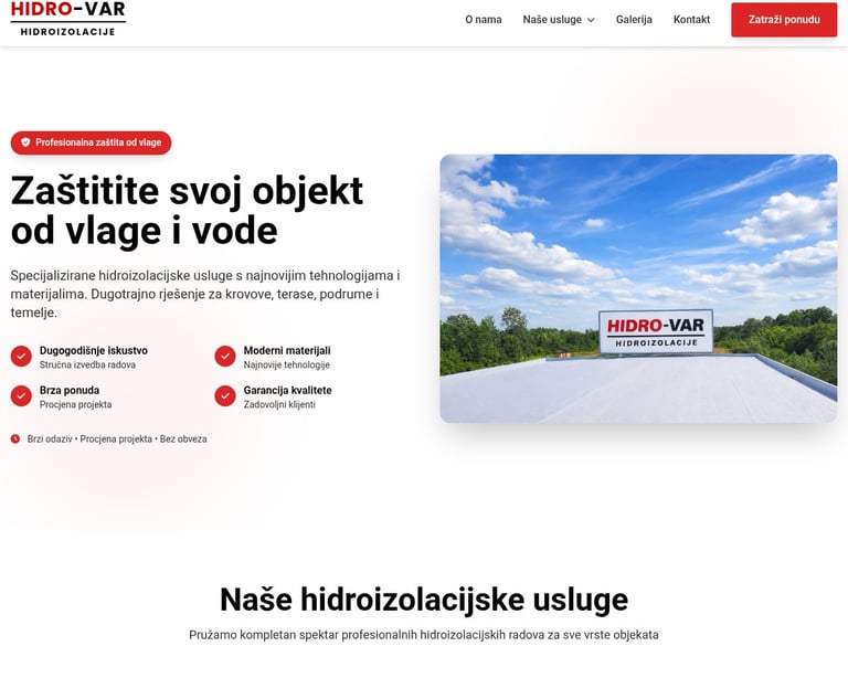 HIDRO-VAR web stranica - hero sekcija s prikazom skladišta i tekstom o uslugama hidroizolacije